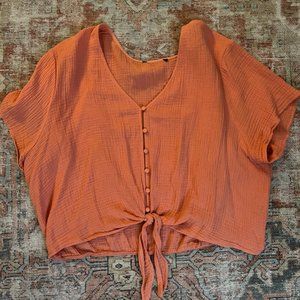 Forever 21 Peach Button Down Tie Front Cropped Cotton Shirt